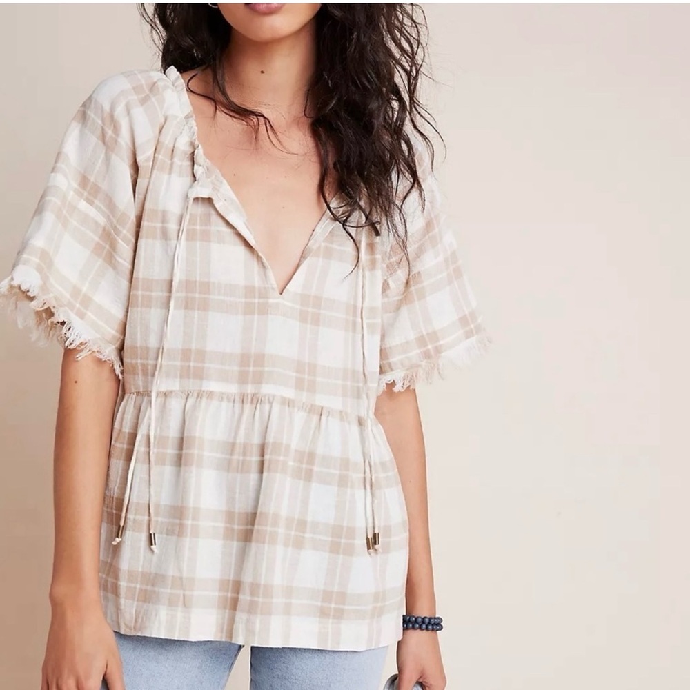Anthropologie Plaid Beige Women's Blouse - Medium